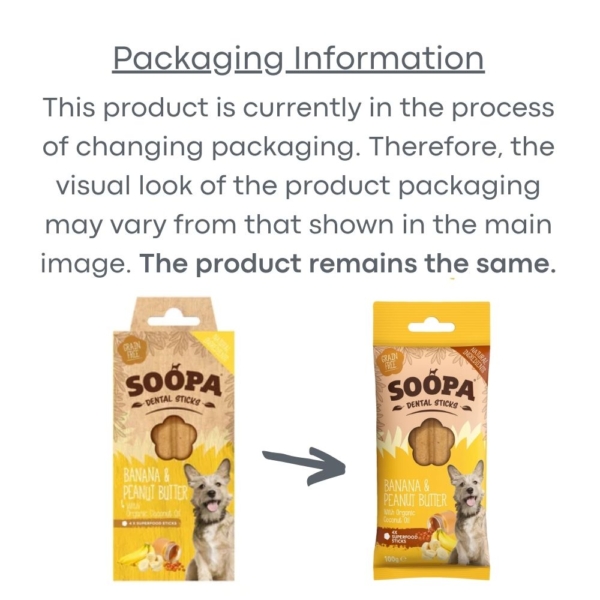 SOOPA Dental Sticks with Banana & Peanut Butter 4pk Packaging Change