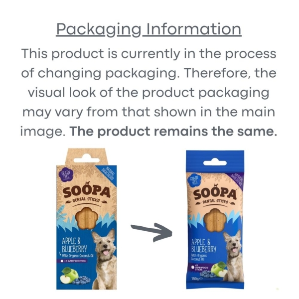 SOOPA Dental Sticks with Apple & Blueberry 4pk Packaging Change