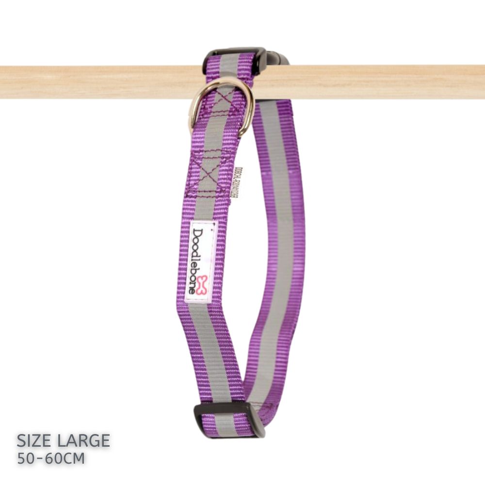Doodlebone Reflective Nylon Dog Collar Purple Large 50-60cm