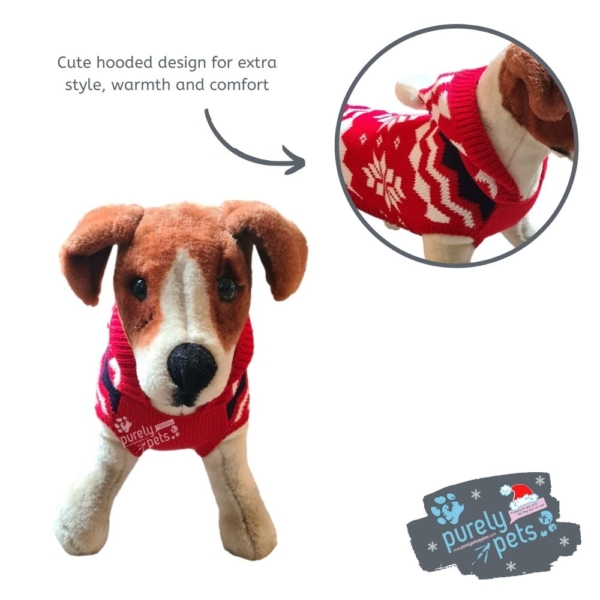 Animate Hooded Dog Jumper Red Snowflakes